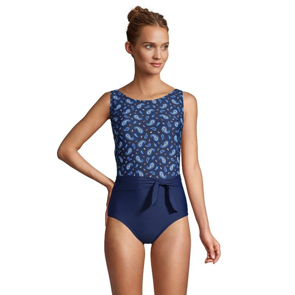 NWT Lands' End Women Belted High Neck 1 Pc Tummy Control Sz 10 $100 6D575